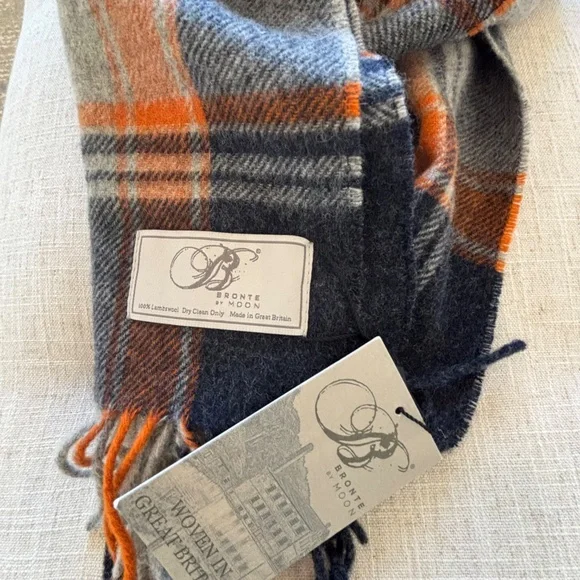 NWT Bronte by Moon Scarf Merino Lambswool navy, orange, and grey plaid patt - Picture 6 of 6